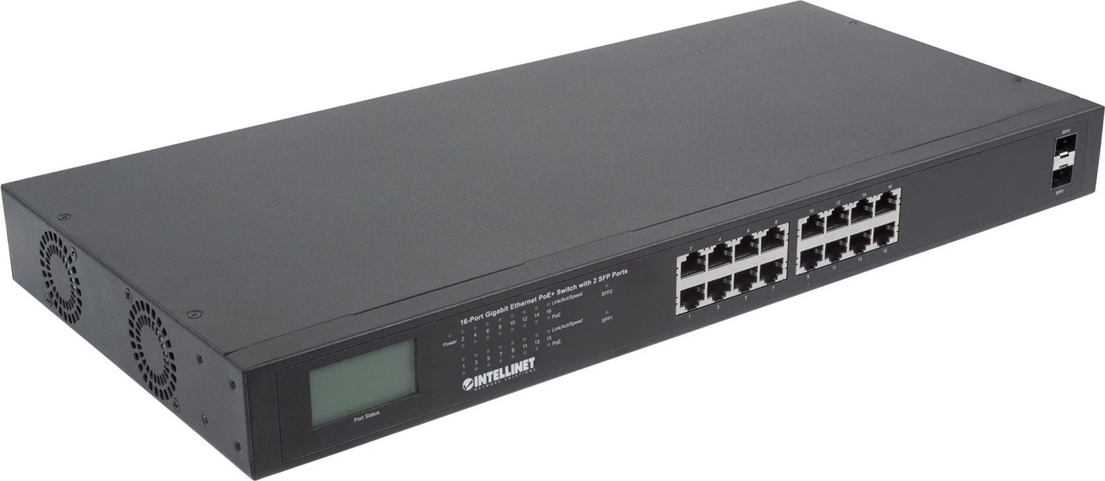 Switch Ethernet Gigabit PoE+ Intellinet me 16 Porta dhe 2 Porta SFP, i Zi