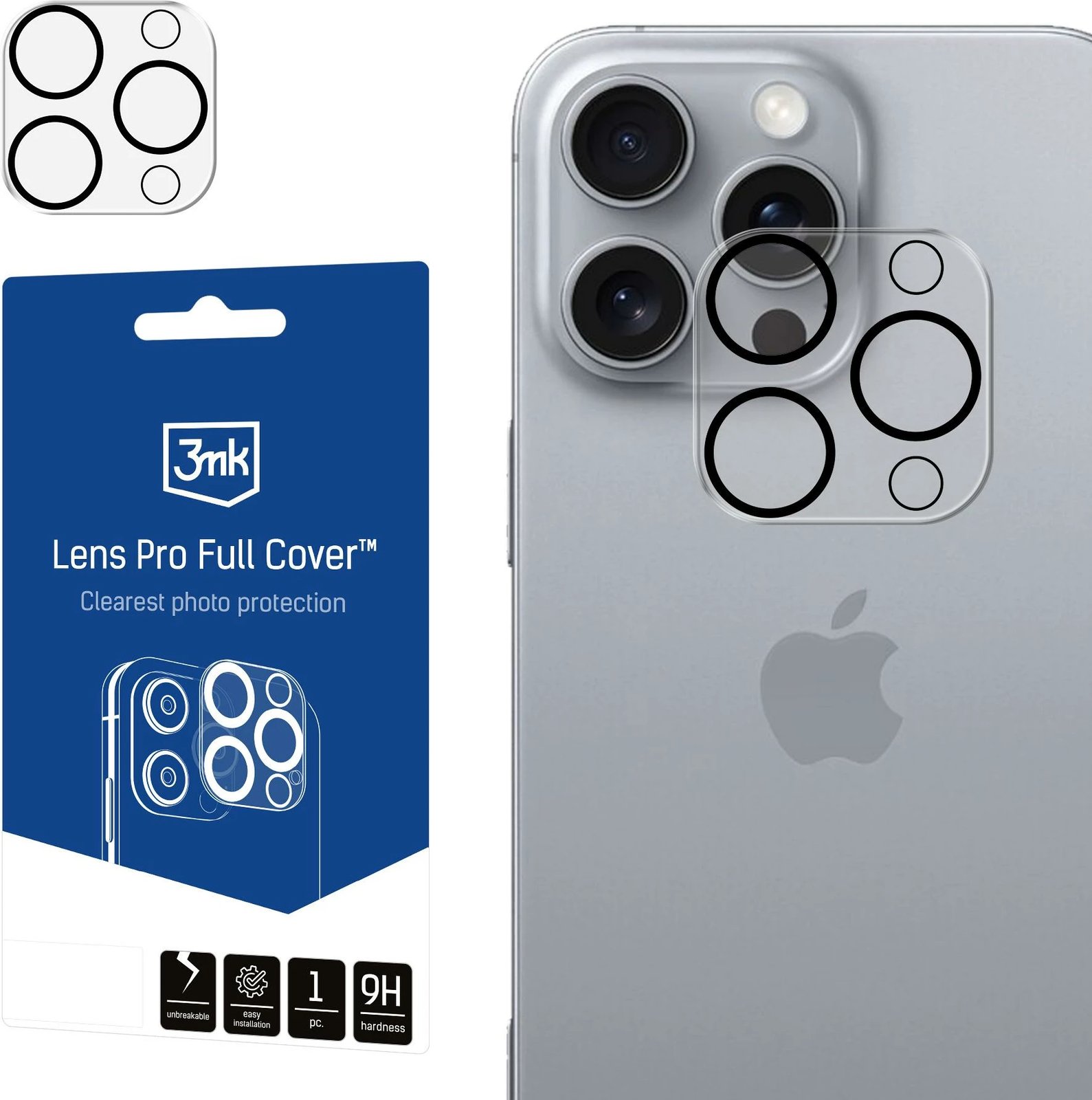 Mbrojtës xhami për kamerë, 3mk Lens Pro Full Cover, për iPhone 16 Pro / 16 Pro Max, Transparent