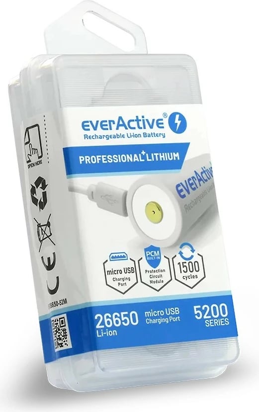 Bateri rikarikueshme Li-ion everActive 26650, 5200 mAh, 3.7V, me micro USB