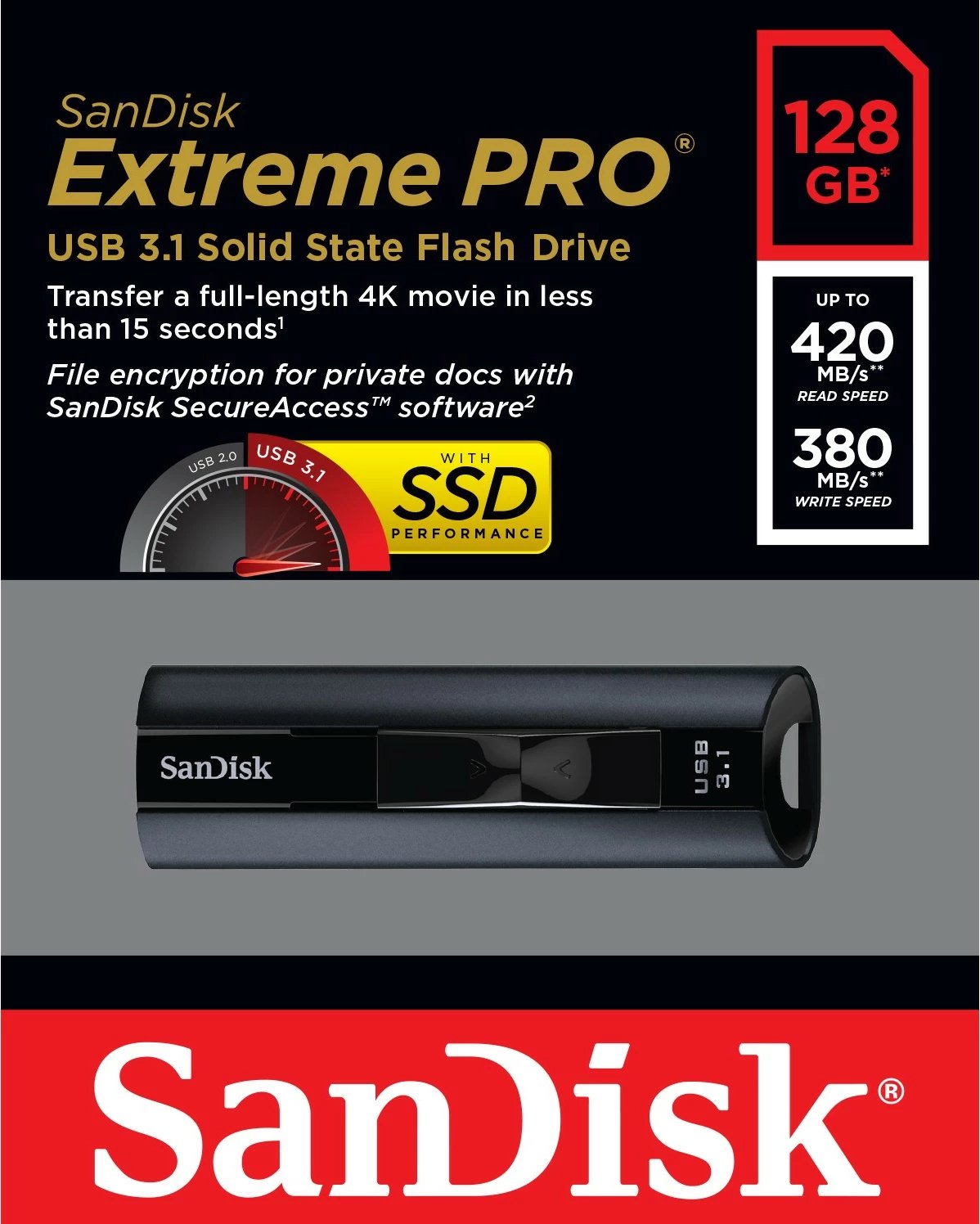 USB SanDisk Extreme Pro 128 GB, USB Type-A, 3.2 Gen 1, 420 MB/s, Slide, E zezë