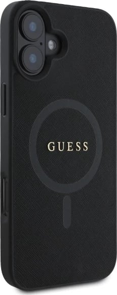 Mbështjellës Guess Saffiano Classic Logo MagSafe për iPhone 16, i zi