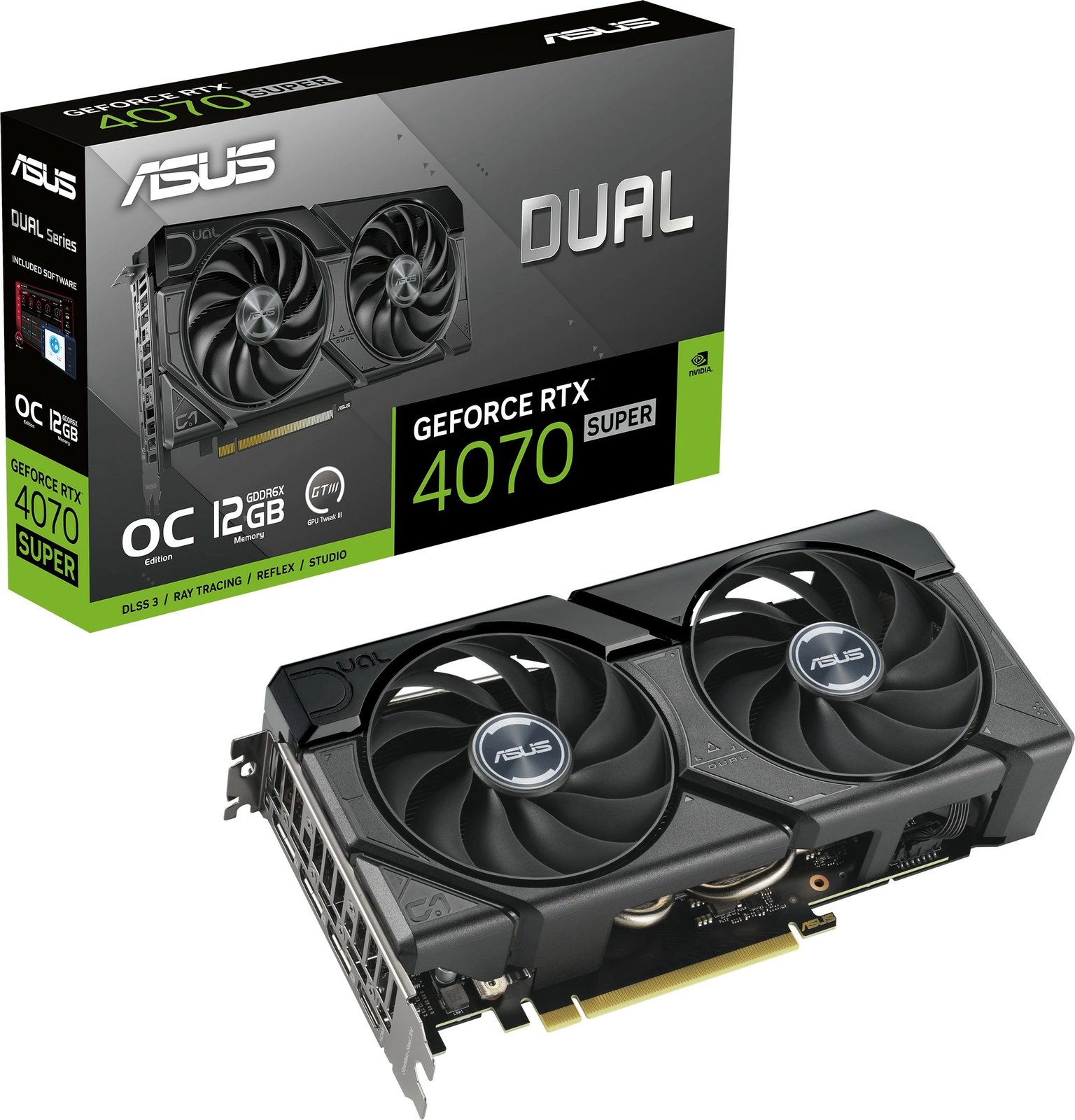 Kartelë grafike ASUS Dual GeForce RTX 4070 SUPER EVO, 12 GB, GDDR6X, PCI Express 4.0, e zezë Kartelë grafike ASUS Dual GeForce RTX 4070 SUPER EVO, 12 GB, GDDR6X, PCI Express 4.0, e zezë