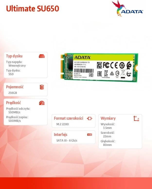 SSD Adata Ultimate SU650, 256GB, M.2 2280, SATA III