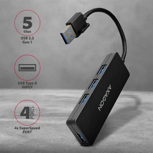 Kasë USB AXAGON HUE-G1A, 4 porta, USB 3.2 Gen 1, kabllo 14cm, e zezë