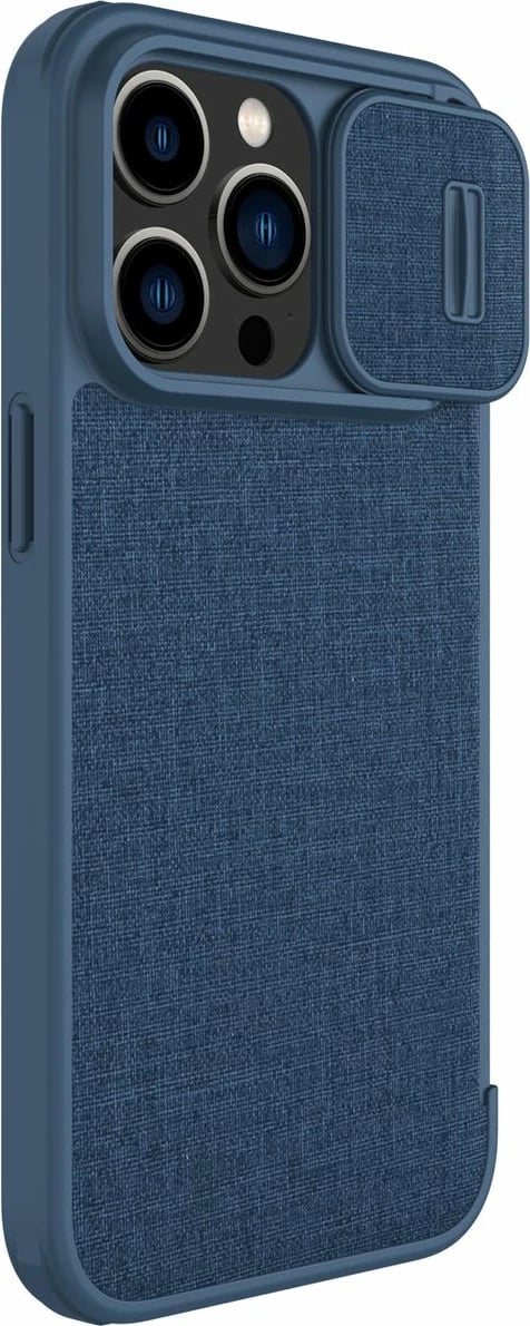 Mbështjellës Nillkin Qin Cloth Pro Case për iPhone 14 Pro Max, me kapak dhe mbulesë kamere, Blu