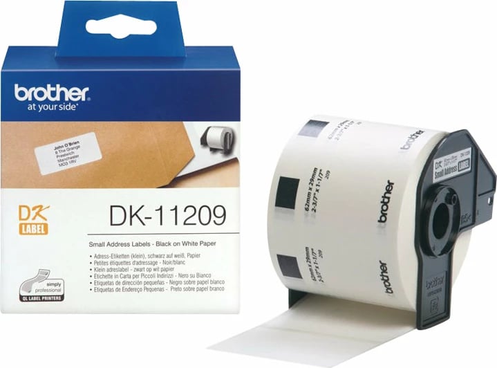 Etiketa adrese Brother DK-11209, 800 copë, 29mm x 62mm, bardhë/zi