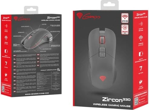 Maus wireless Genesis Zircon 330, 3600 DPI, 7 butona, i zi/kuq