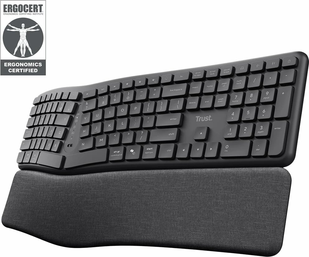 Tastierë Trust Keyra ergonomike, wireless, full-size, QWERTY, e zezë