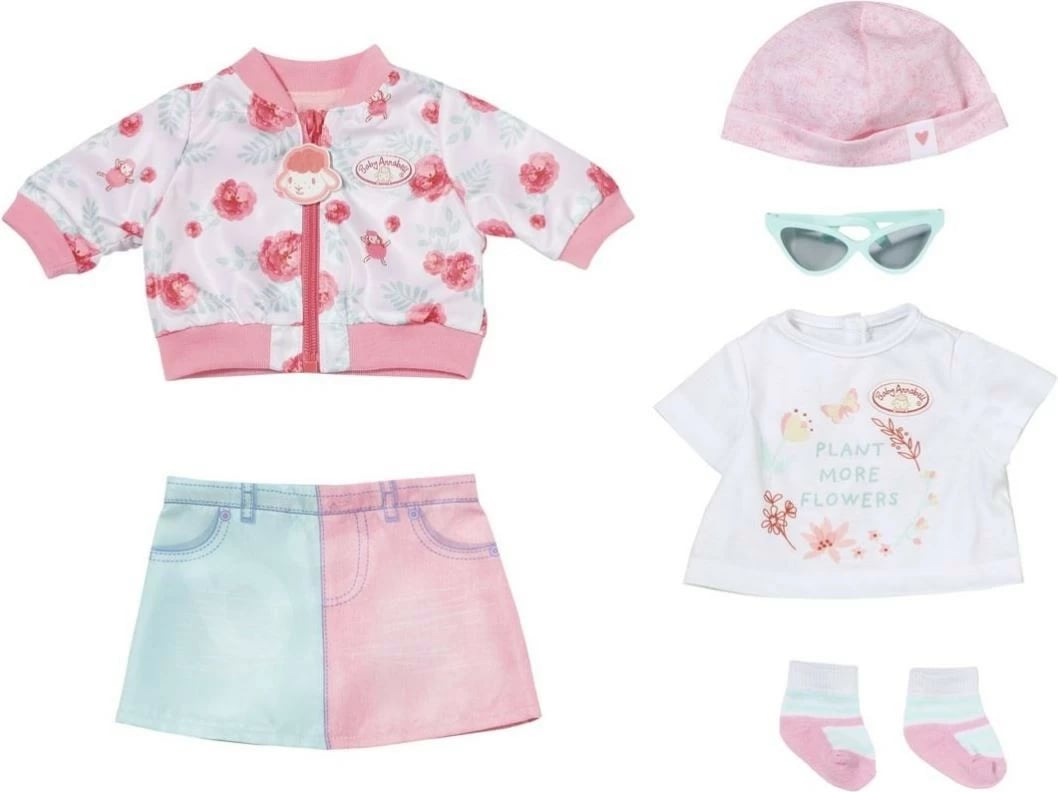 Set rrobash pranverore për kukull Baby Annabell Zapf 43 cm, rozë/blu, me aksesorë