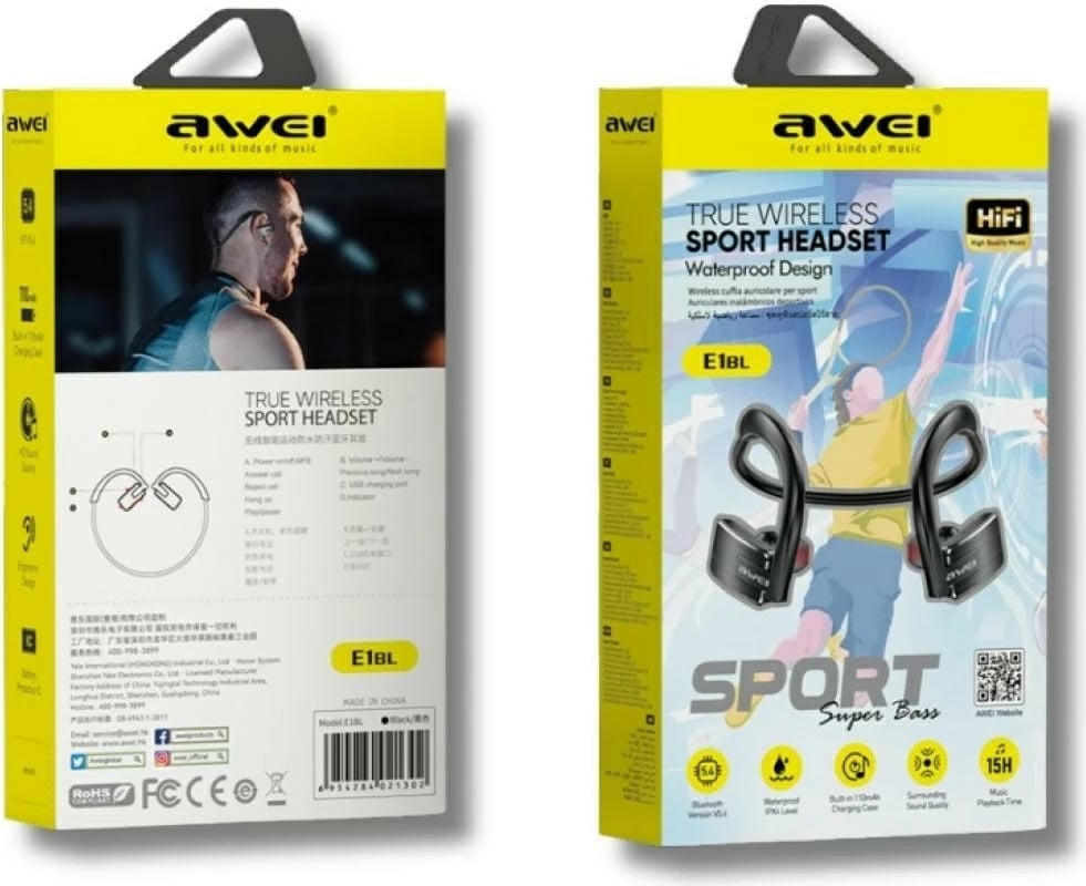 Kufje sportive Bluetooth, AWEI E1BL, Bluetooth 5.3, bateri deri 15 orë, mikrofon, Multipoint, USB-C, të zeza