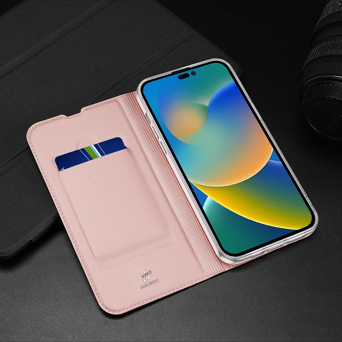 Mbështjellës Dux Ducis Skin Pro për iPhone 14 Pro Max, me kapak, xhep për kartela, ari