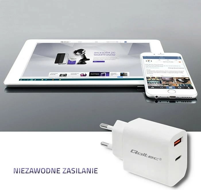 Karikues rrjeti Qoltec 51714, 18W, USB Type C PD & USB QC 3.0, Bardhë