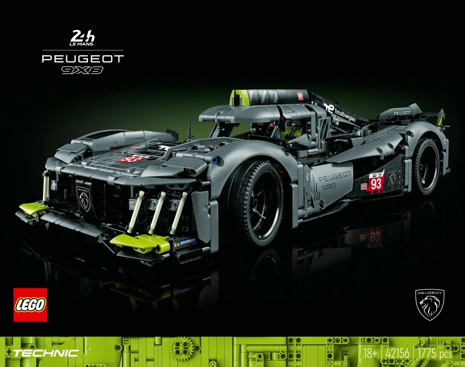 Set ndërtimi LEGO Technic PEUGEOT 9X8 24H Le Mans Hybrid Hypercar 42156, 1775 pjesë, për të rritur, Gri