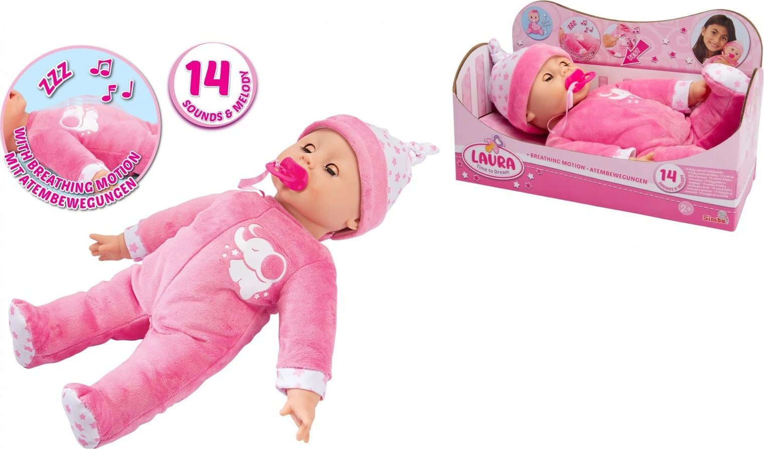 Kukull bebe Simba Laura Time to Sleep, 38 cm, rozë