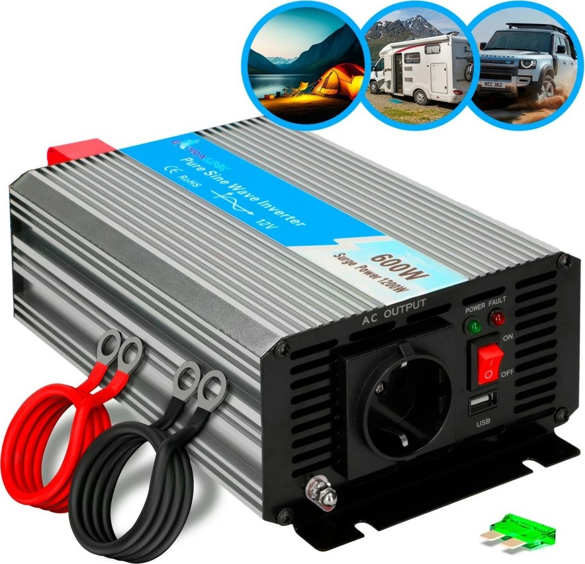 Inverter Extralink OPIP-600W, 600W, 12V në 230V, Pure Sine Wave, USB, zi/çelik
