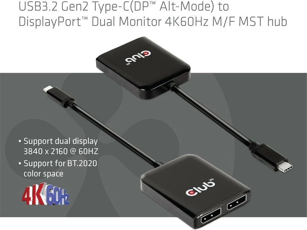 Adapter MST-Hub Club3D USB Type-C në 2x DisplayPort 4K60Hz, 1.5m, zi