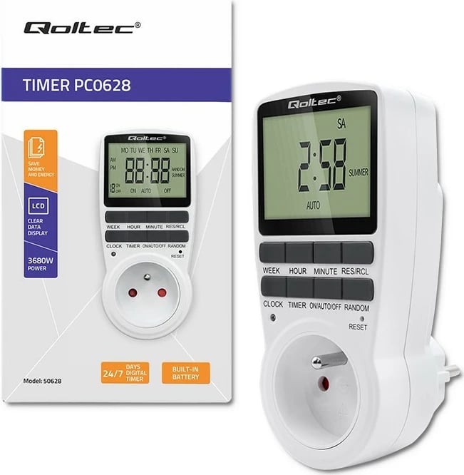 Programator kohe elektronik Qoltec PC0628, 3680W, 16A, LCD, Bardhë