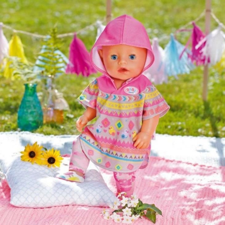 Set rrobash për kukulla BABY born Deluxe Trendy Poncho, Zapf, 43cm, rozë/gri/verdhe/blu, me çizme