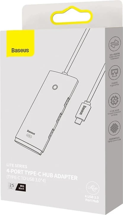 Kasë Baseus Lite Series HUB 4-në-1, USB-C në 4x USB 3.0 + USB-C, 25cm, e zezë