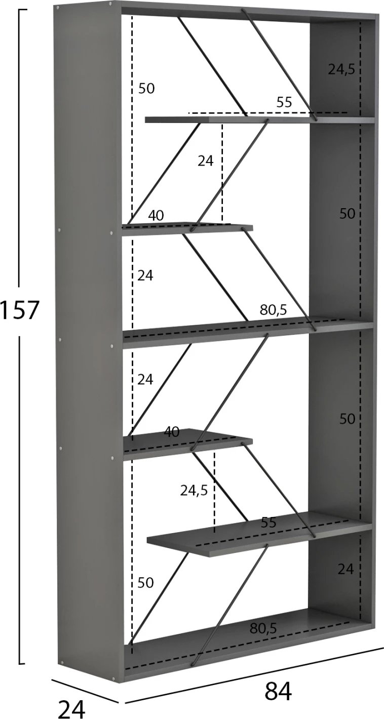 Raft librash TARS, melamin gri, shufra metali të zeza, FH2240.20, 84x24x157H cm
