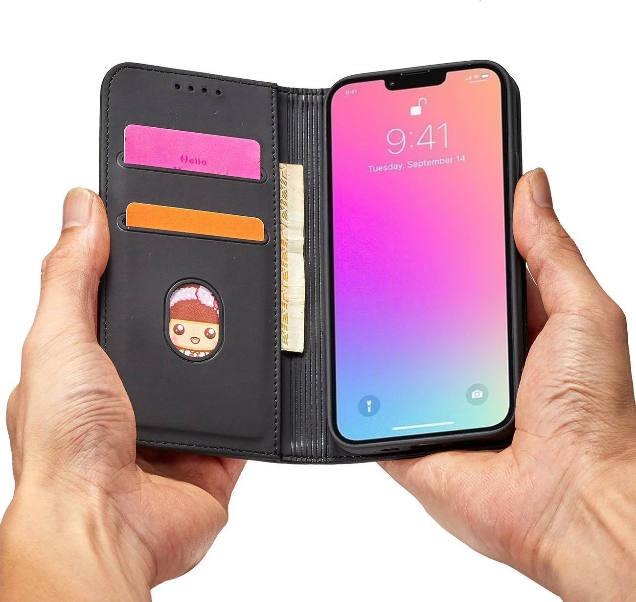 Mbështjellës Hurtel Magnet Card Case për iPhone 14, portofol, mbajtës, e zezë