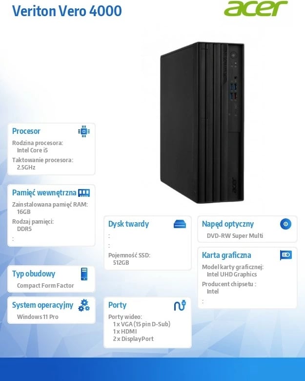 Kasë Acer Veriton VVX4720GT SFF, Intel Core i5-14400, 16 GB RAM, 512 GB SSD, Windows 11 Pro, e zezë