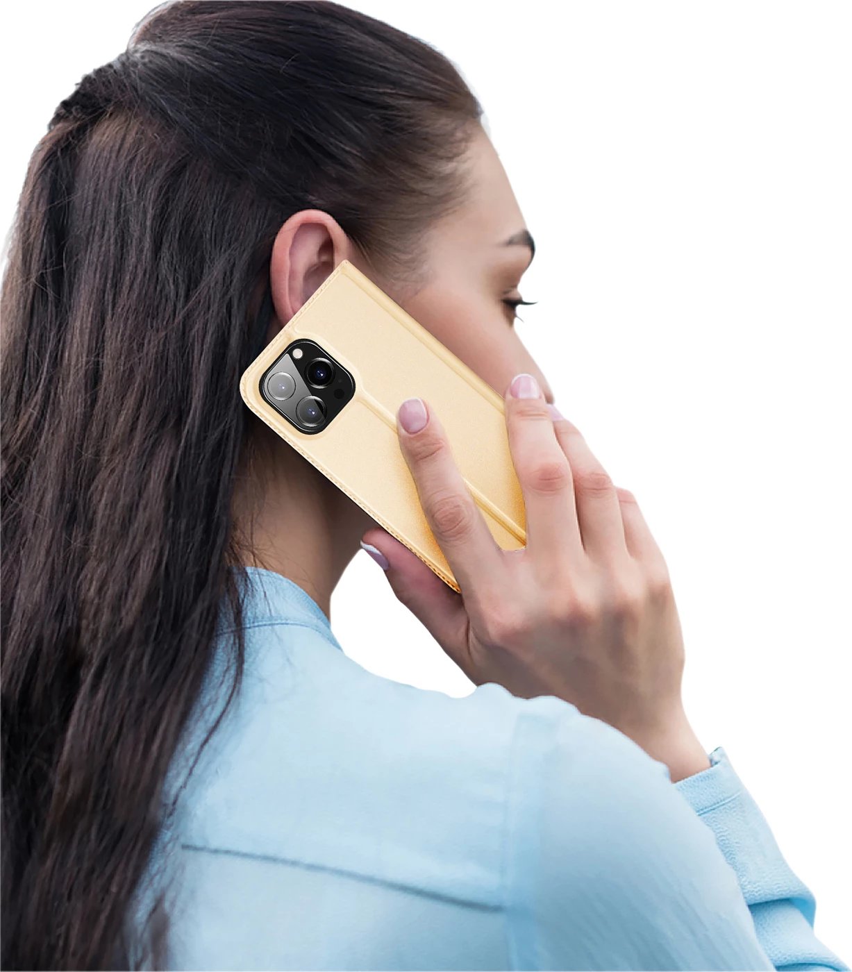Mbështjellës Dux Ducis Skin Pro për iPhone 14 Pro Max, me kapak, xhep për kartela, ari