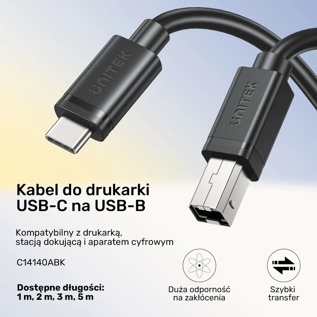 Kabëll Unitek USB-C në USB-B 2.0, 1m, i zi