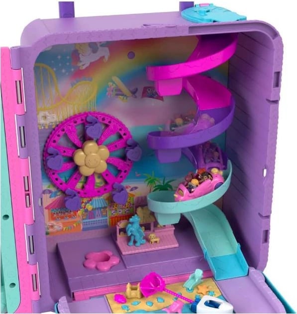 Set lodrash Polly Pocket Mattel HKV43 Vacation Resort me 4 kukulla dhe 1 veturë, rozë