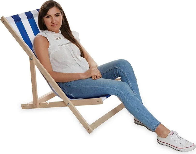 Shezlong kopshti/plazhi palueshëm, Baby Mix, dru ahu, 3 pozicione, gjerësi 44 cm, blu e bardhë