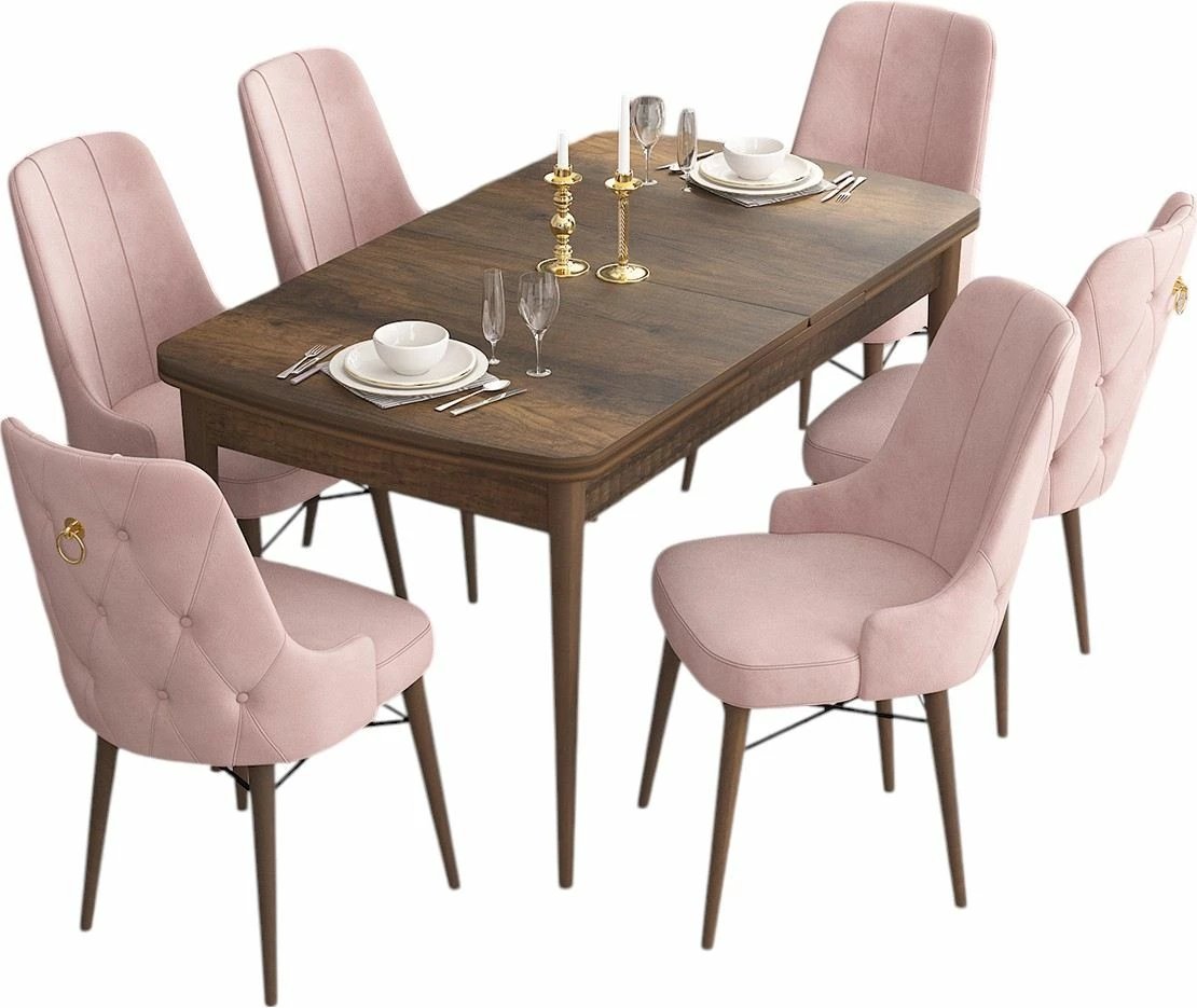 Set tavoline me karrige për ngrënie, zgjatshme, 7 copë, Skye Decor, ngjyrë barok dhe rozë