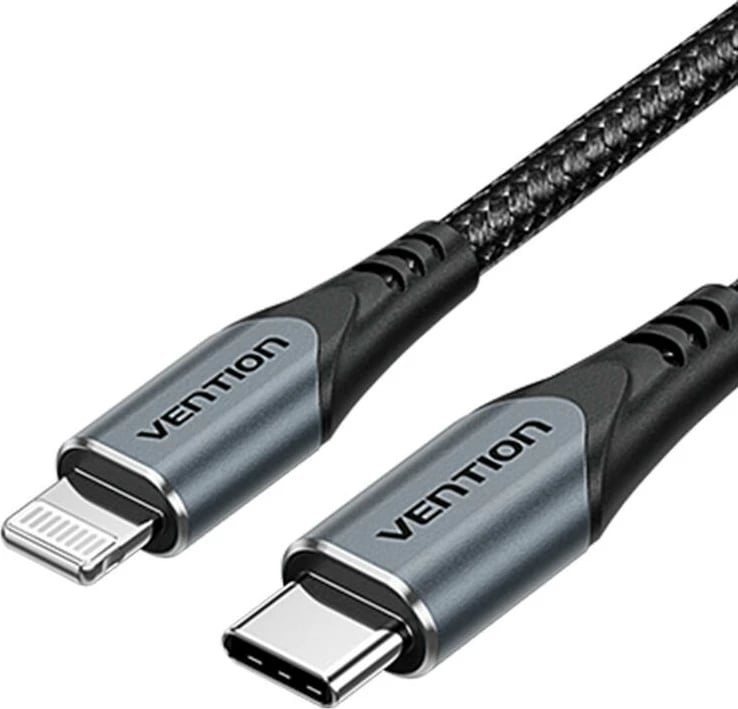 Karikues GaN Vention USB-C 20W me kabllo USB-C në Lightning 1m, Gri