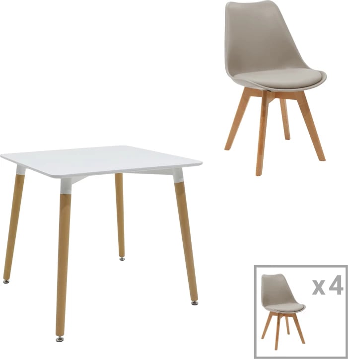 Tavolinë me karrige Natali-Gaston set prej 5 copash MDF dhe dru ahu, hije gri-bardhë-natyrale, 80x80x76cm