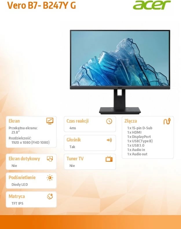 Monitor, Acer, Vero B7 B247Y G UM.QB7EE.G05, 24 inch IPS FHD 120Hz, AdaptiveSync, USB hub, HDMI DP VGA, altoparlantë, VESA 100x100, e zezë