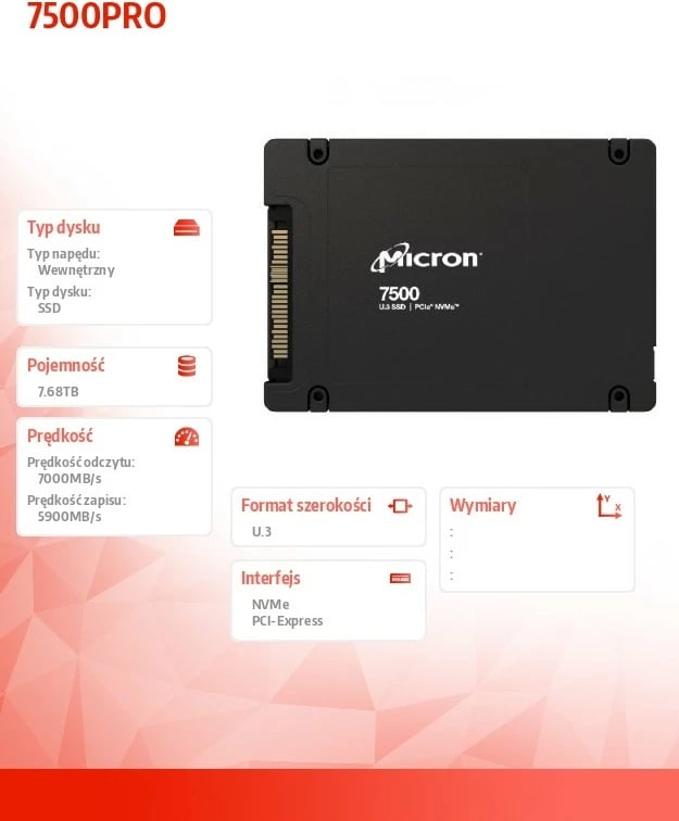 SSD Micron 7500PRO, 7.68TB, NVMe U.3, 15mm, i zi, Single Pack SSD Micron 7500PRO, 7.68TB, NVMe U.3, 15mm, i zi, Single Pack