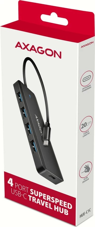 Hub USB AXAGON HUE-C1C, 4 porta, USB 5Gbps, kabllo Type-C 19cm, furnizim shtesë me USB-C, i zi