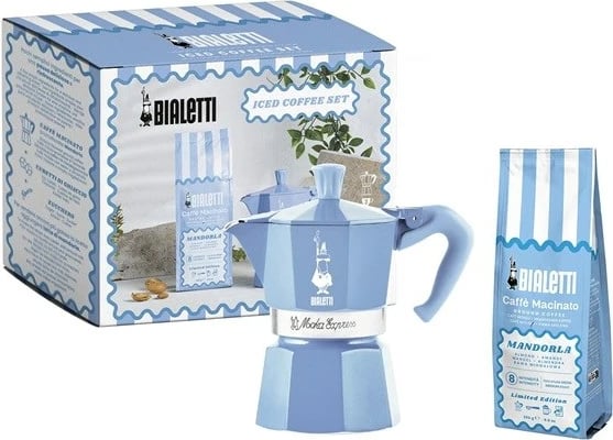 Set moka Bialetti Moka Express 3 filxhanë me kafe bajame 250g, Kaltër