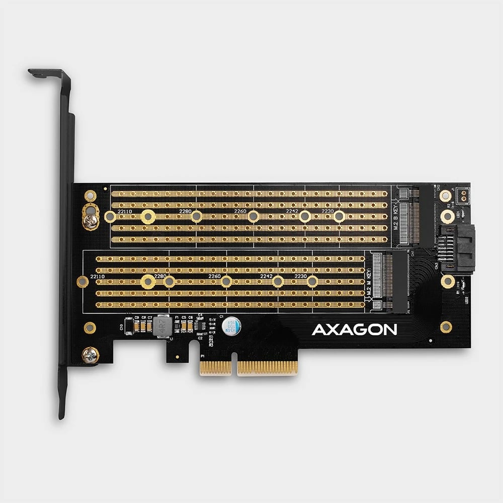Adapter PCIe x4 AXAGON PCEM2-D për 1x M.2 NVMe M-key + 1x SATA B-key, me aksesorë, i zi