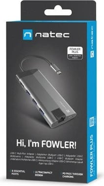 Multiport docking station Natec Fowler Plus, NMP-1690, 8 porte, USB-C PD, HDMI 4K, RJ45, SD/microSD, Gri