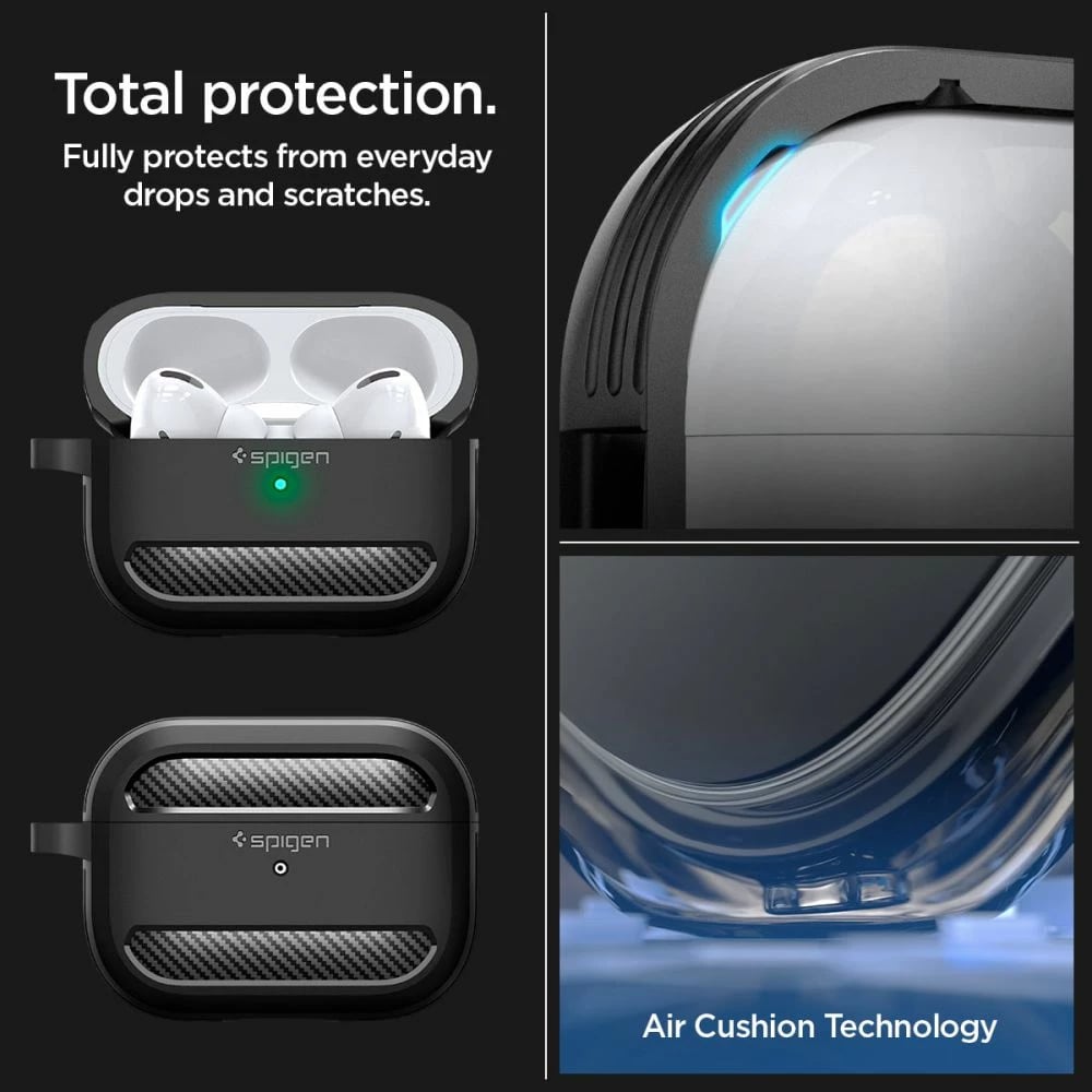 Mbështjellës Spigen Rugged Armor për AirPods Pro 1/2, me karabiner, i zi