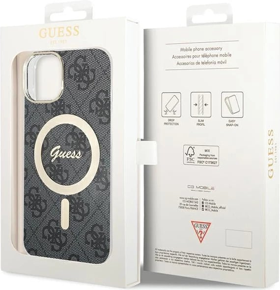 Mbështjellës Guess 4G MagSafe për iPhone 15, i zi