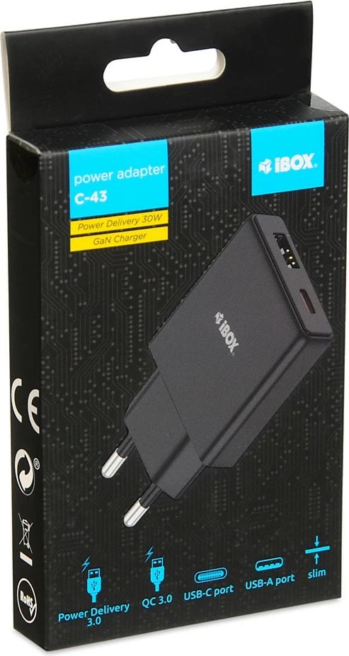 Karikues muri iBOX C43B, 30W, 2 porte (USB-C & USB-A), i zi