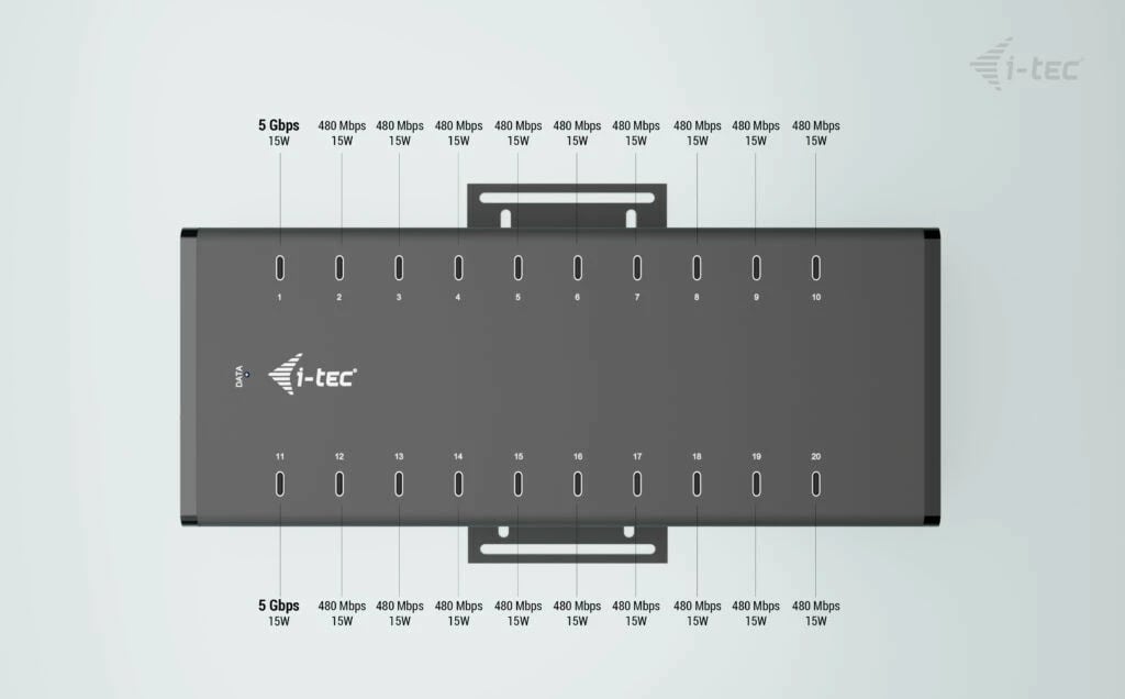 HUB i-tec CACHRGHUB20C, 20x USB-C, 15W për port, metalik