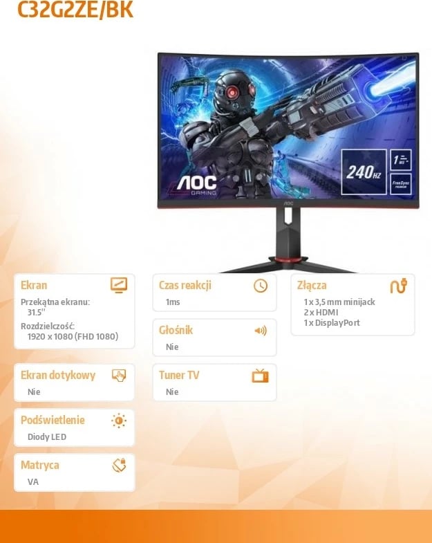Monitor AOC C32G2ZE/BK 31.5 inç, VA, 240Hz, Full HD, i zi