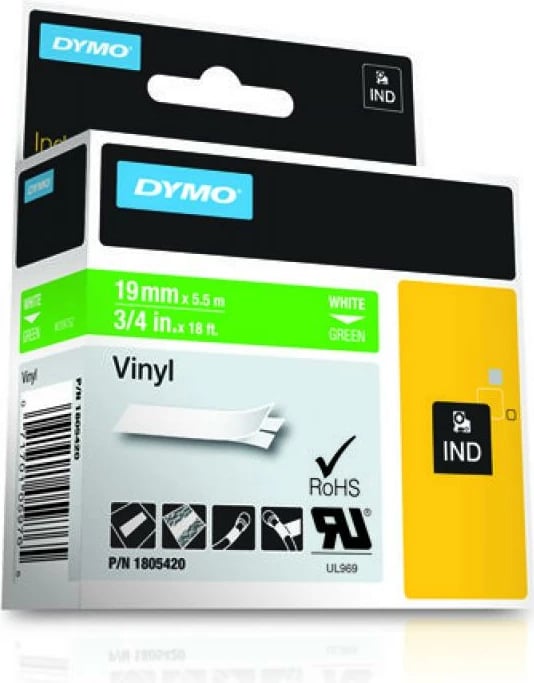 Shirit etiketues Dymo Rhino Coloured Vinyl 1805420 vinyl, për përdorim brenda/jashtë, bardhë/jeshile
