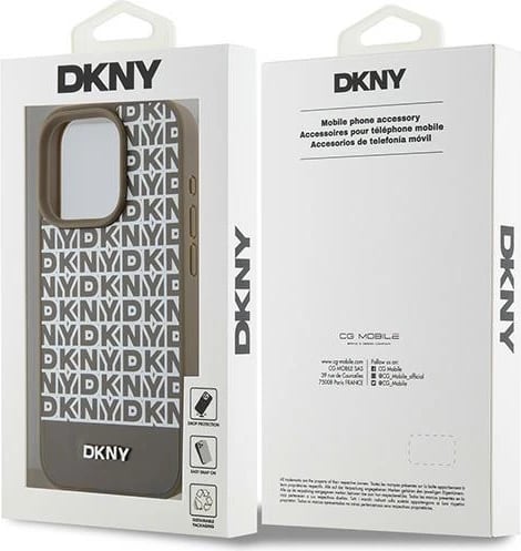 Mbështjellës DKNY Leather Printed Pattern Metal Logo MagSafe për iPhone 15 Pro, Kafe
