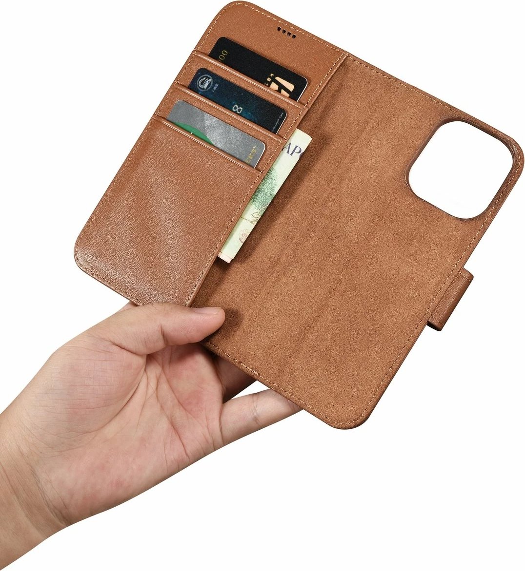 Mbështjellës iCarer Wallet Case 2in1 për iPhone 14 Pro, lëkurë natyrale, Anti-RFID, Kafe