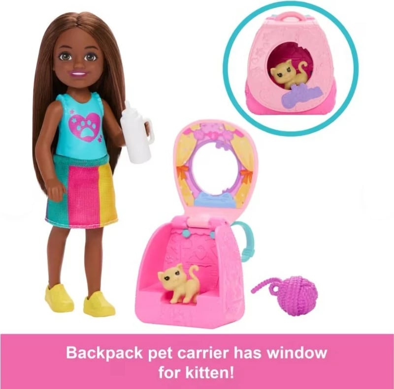Set lodër Barbie Chelsea me çantë shpine, kotele dhe aksesorë, Mattel JBF45
