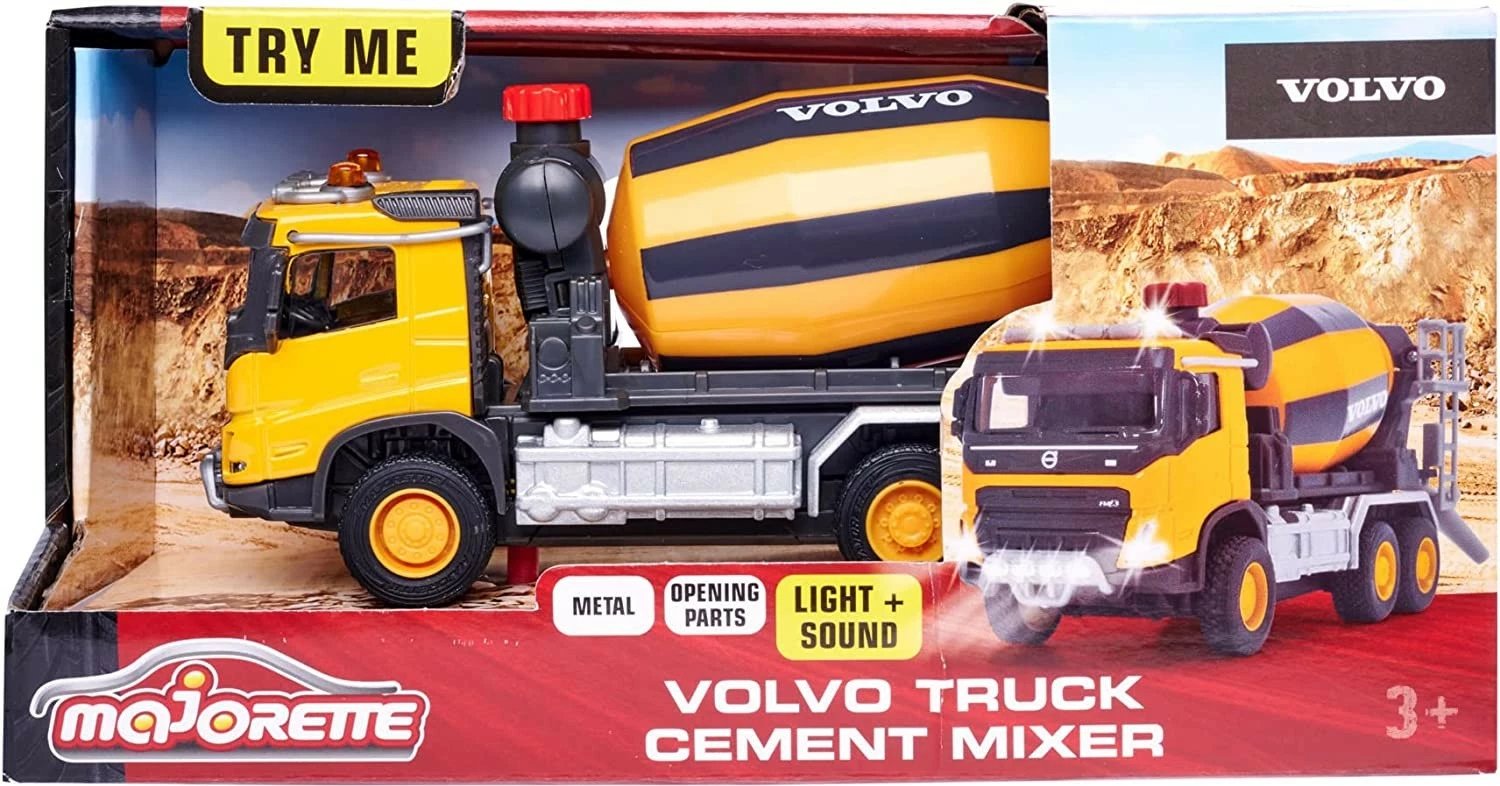 Lodër kamion mikser betoni Majorette Volvo Grand, 19 cm, me drita e zëra, verdhë/portokalli/zezë