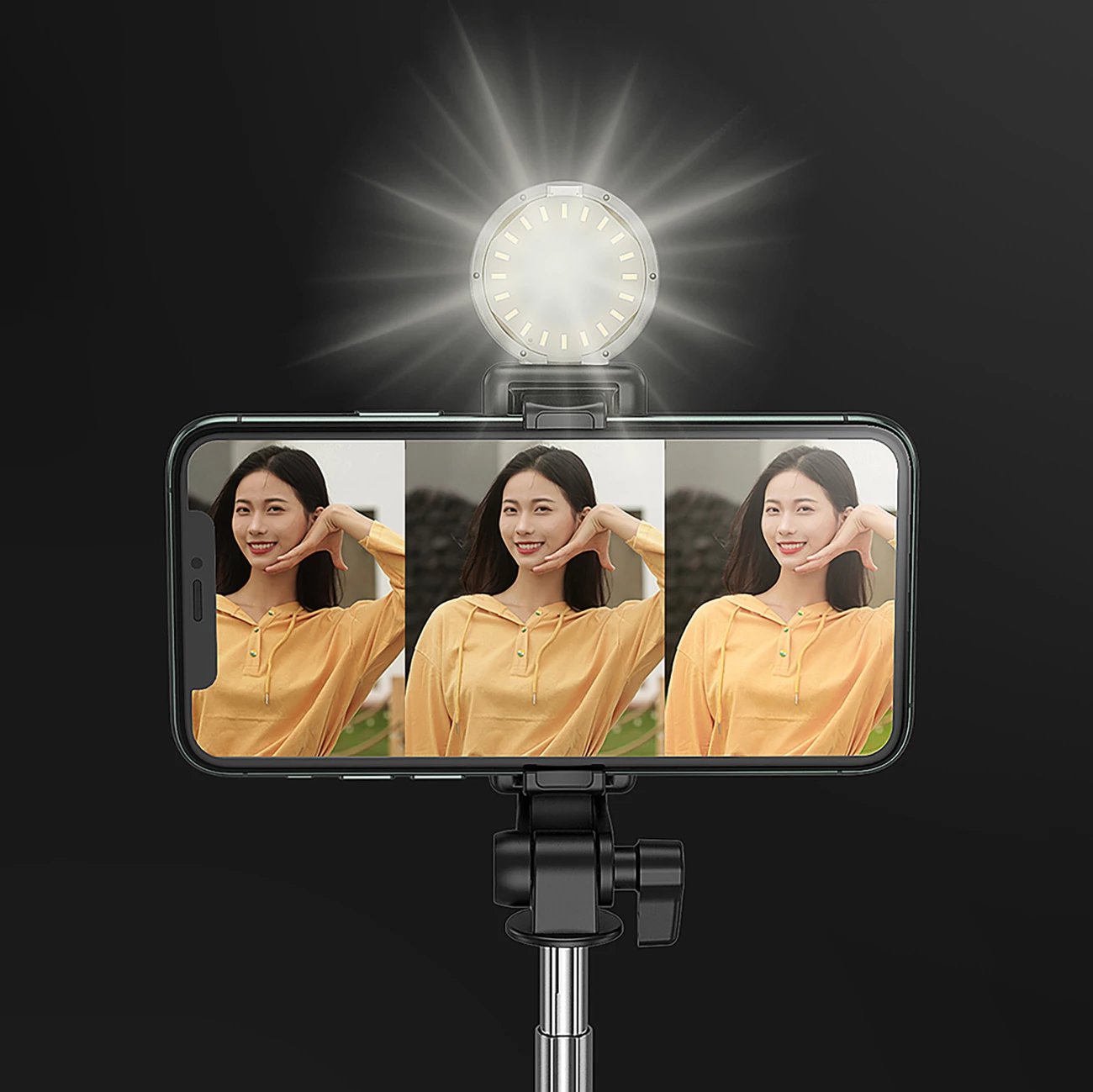 Selfie stick Hurtel WH1YXS tripod teleskopik 1m me llambë LED, mbajtëse telefoni, e zezë